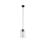 Lampa wisząca Molly z jednym gniazdem E27, w czarnej oprawie z przezroczystym kloszem. Zawieszona na cienkim, czarnym przewodzie, idealna do nowoczesnych wnętrz. Klosz ma kształt dzwonu, eksponując źródło światła.