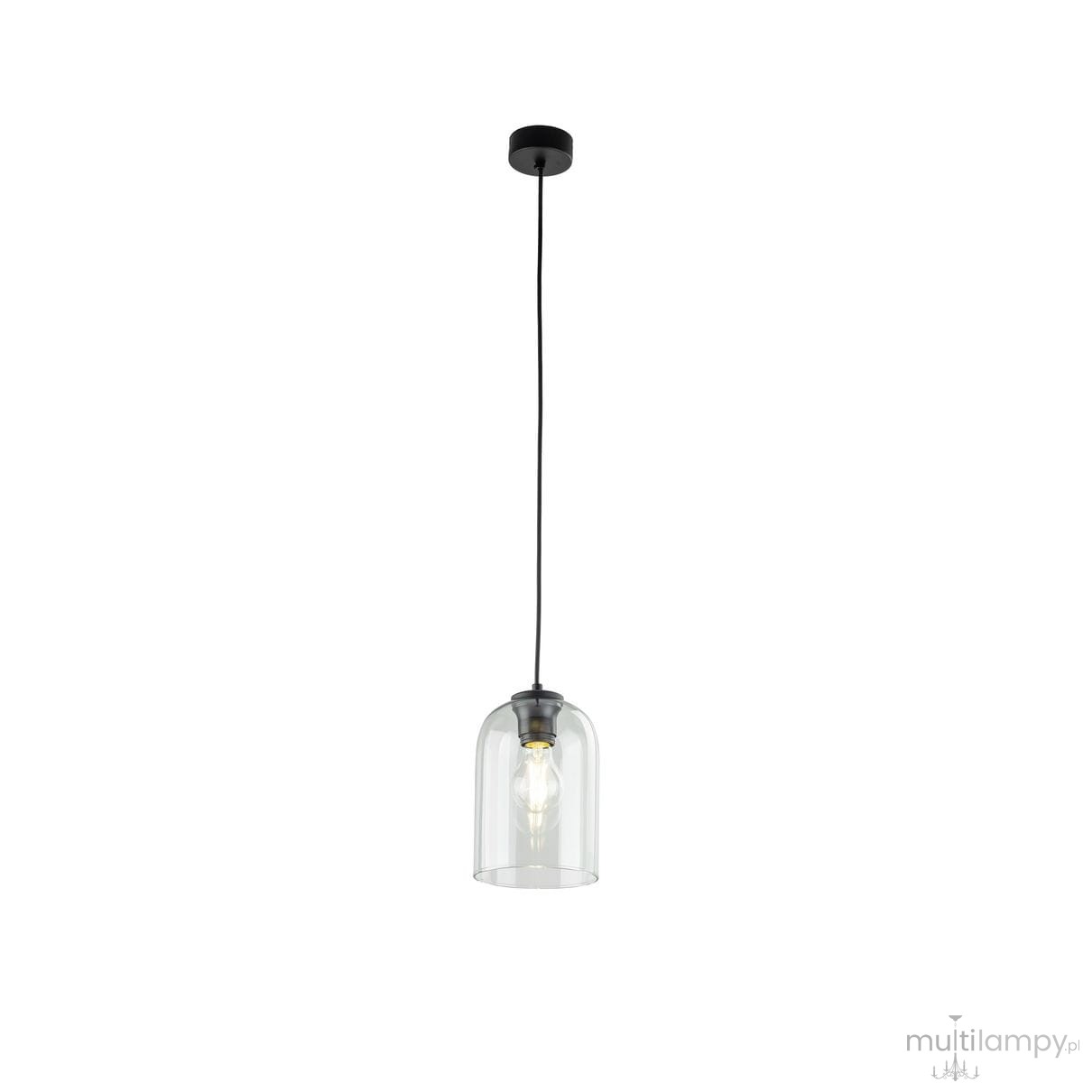 Lampa wisząca Molly 1xE27 w kolorze czarnym i zielonym, z przezroczystym kloszem w kształcie dzwonu, zawieszona na cienkim czarnym przewodzie. Klosz eksponuje żarówkę, tworząc nowoczesny efekt świetlny.