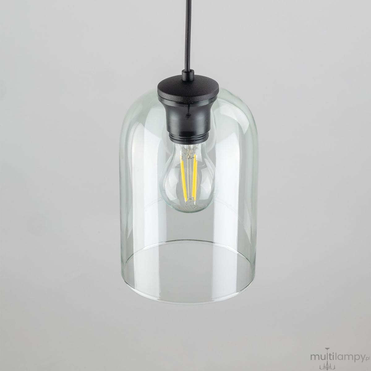 Lampa wisząca Molly w kolorze czarnym i zielonym, z przezroczystym kloszem, zawieszona na czarnym przewodzie. Wewnątrz widoczna żarówka E27 z widocznymi włóknami. Klosz ma okrągły kształt, a całość prezentuje nowoczesny design.