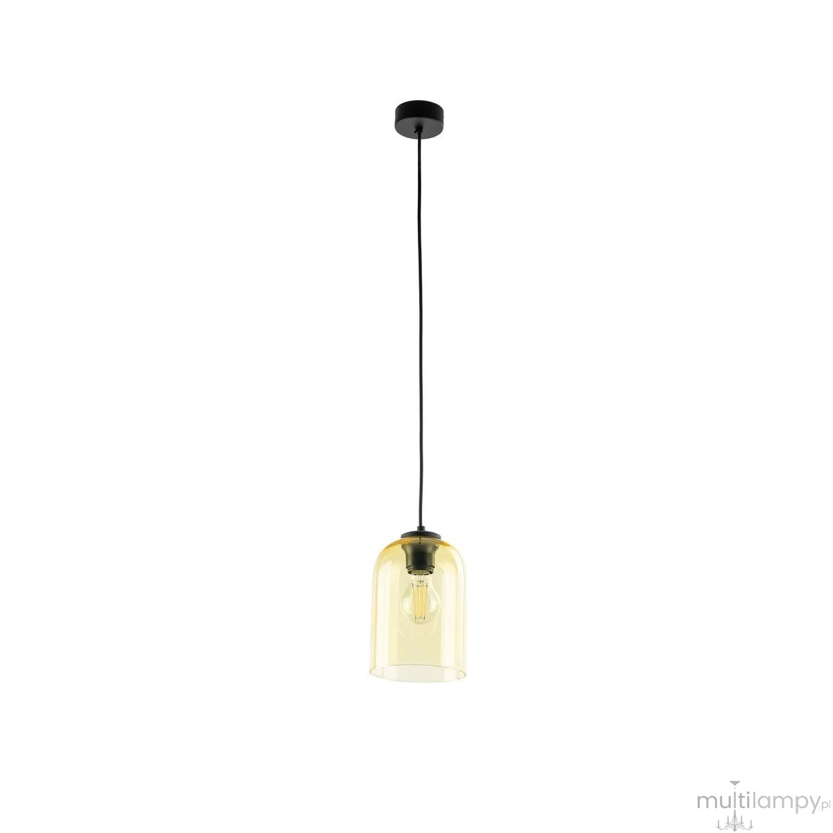 Lampa wisząca Molly w kolorze czarnym i żółtym, z przezroczystym kloszem w kształcie dzwonu. Ujęcie z przodu, zawieszona na czarnym przewodzie. Pasuje do wnętrz nowoczesnych i industrialnych. Wymaga żarówki E27.