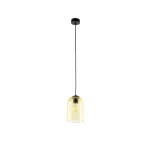 Lampa wisząca Molly w kolorze czarnym i żółtym, z przezroczystym kloszem w kształcie dzwonu. Ujęcie z przodu, zawieszona na czarnym przewodzie. Pasuje do wnętrz nowoczesnych i industrialnych. Wymaga żarówki E27.