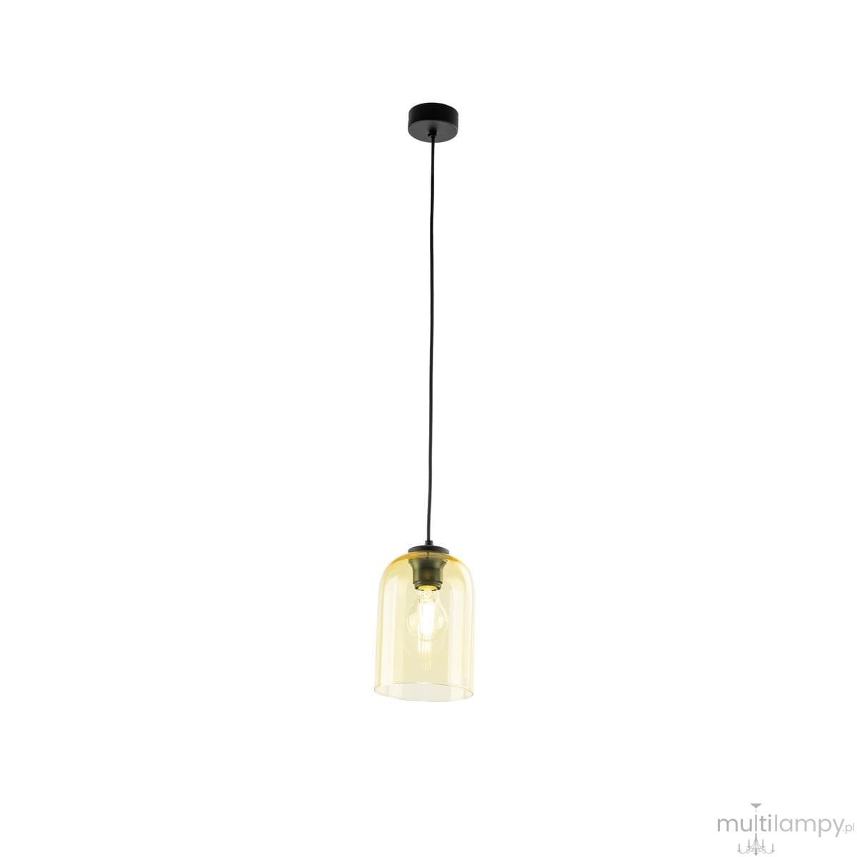 Lampa wisząca Molly w kolorze czarnym i żółtym, z kloszem w kształcie dzwonu, zawieszona na cienkim czarnym kablu. Widoczna żarówka E27 wewnątrz przezroczystego klosza. Prosty, nowoczesny design, idealna do aranżacji wnętrz.