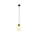 Lampa wisząca Molly w kolorze czarnym i żółtym, z kloszem w kształcie dzwonu, zawieszona na cienkim czarnym kablu. Widoczna żarówka E27 wewnątrz przezroczystego klosza. Prosty, nowoczesny design, idealna do aranżacji wnętrz.