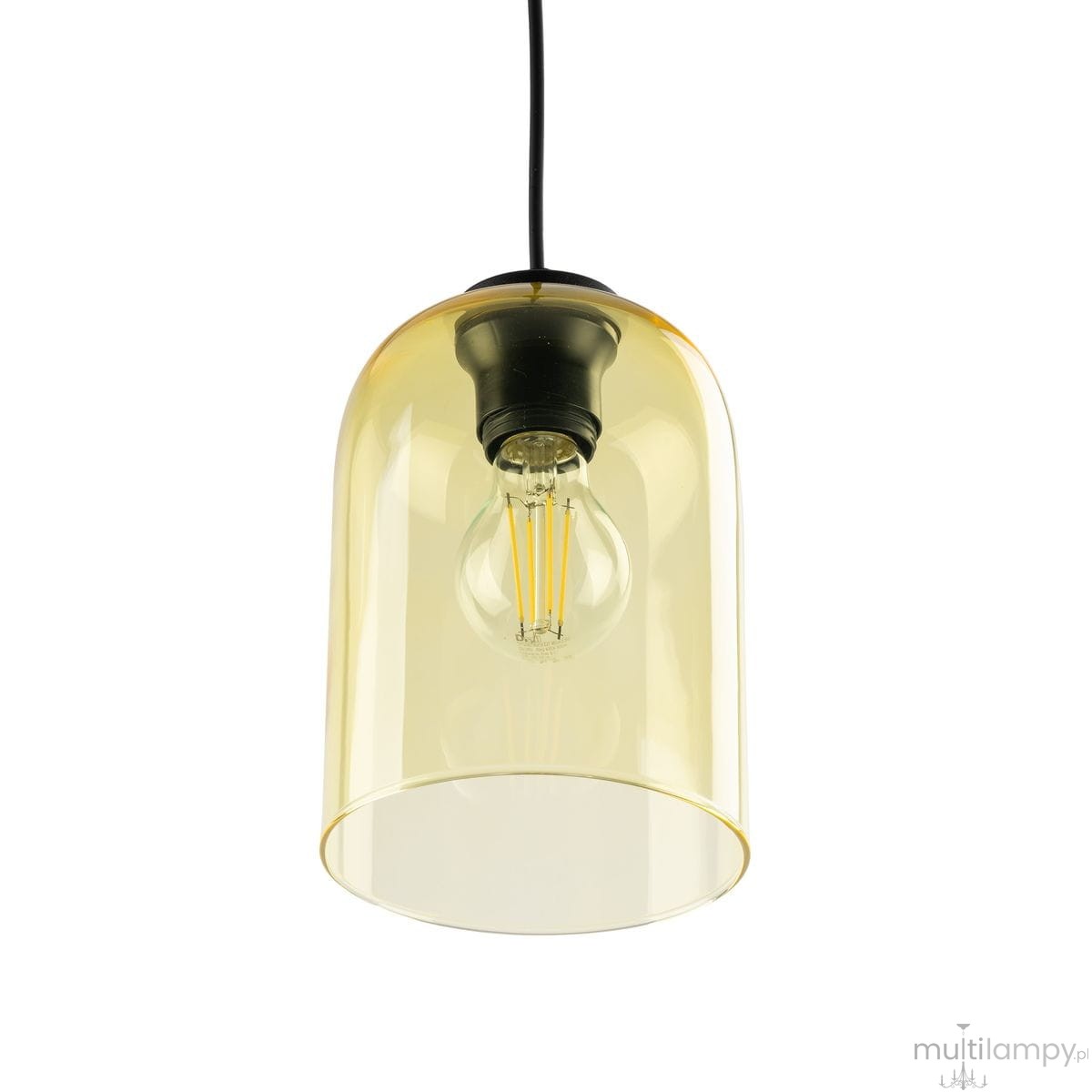 Lampa wisząca Molly z kloszem w kolorze żółtym, wykonana z przezroczystego materiału, z czarnym mocowaniem na żarówkę E27. Klosz ma zaokrąglony kształt, a lampa zawieszona jest na czarnym przewodzie.