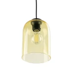 Lampa wisząca Molly z kloszem w kolorze żółtym, wykonana z przezroczystego materiału, z czarnym mocowaniem na żarówkę E27. Klosz ma zaokrąglony kształt, a lampa zawieszona jest na czarnym przewodzie.
