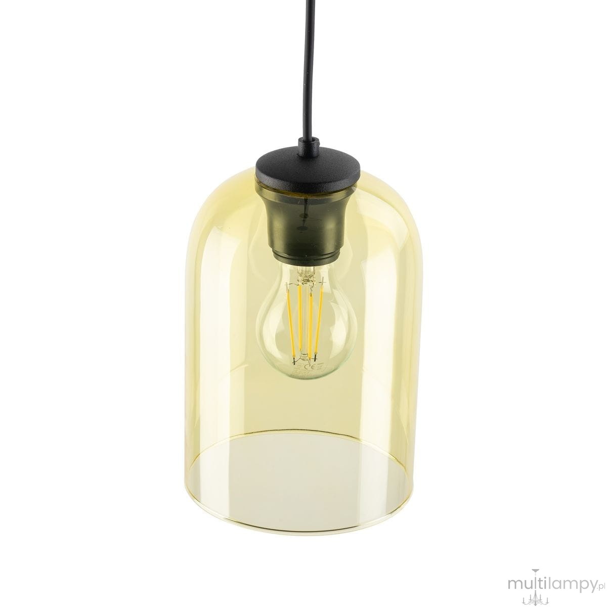 Lampa wisząca Molly z kloszem w kształcie dzwonu, wykonana z przezroczystego żółtego szkła, z czarnym mocowaniem. Widoczna żarówka E27 z widocznymi włóknami. Produkt zawieszony na czarnym kablu, w frontalnym ujęciu.
