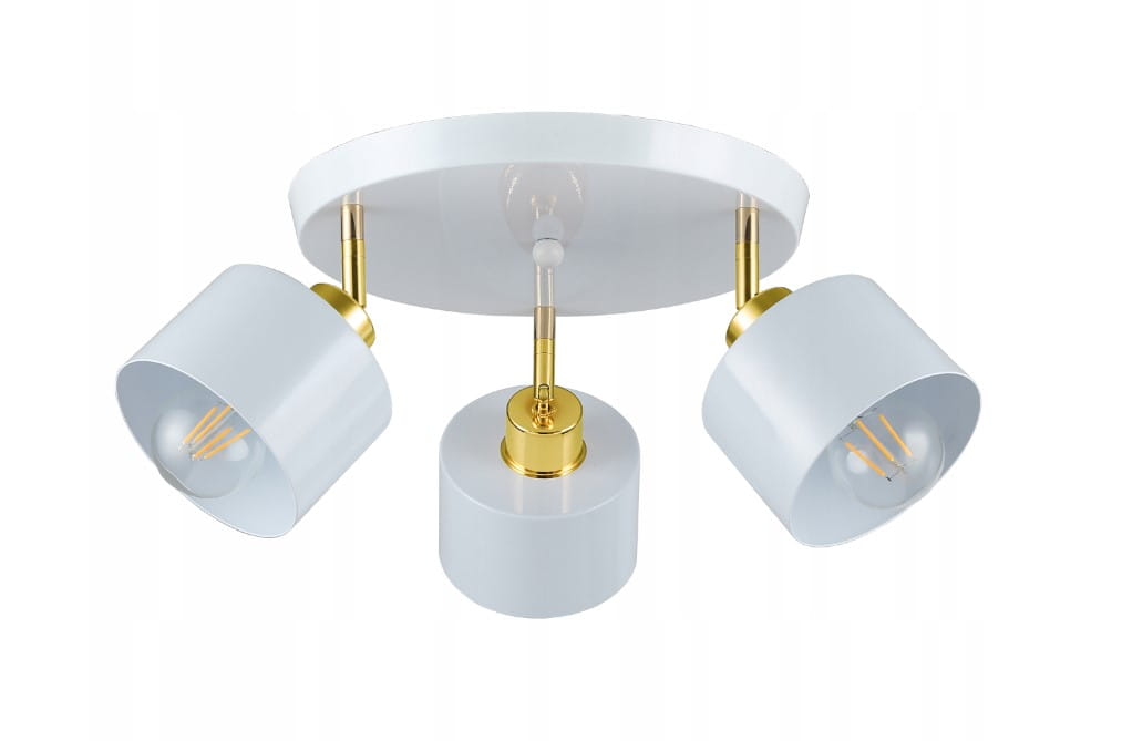 Okrągła lampa sufitowa Elza z trzema reflektorami, w białym kolorze z złotymi detalami. Reflektory mają cylindryczny kształt, a lampa jest zamontowana na okrągłej podstawie. Wymiary i konkretne detale nie są widoczne.