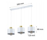 Lampa wisząca Elza 3xE27 w kolorze białym i złotym. Składa się z trzech cylindrycznych kloszy o średnicy 120 mm i wysokości 80 mm, zawieszonych na białym stelażu o długości 500 mm. Idealna do nowoczesnych wnętrz.
