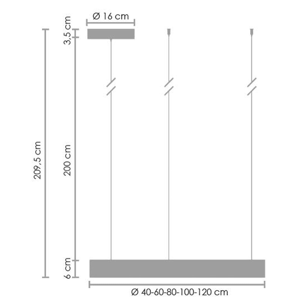 Lampa wisząca Circle D60, nikiel, z pilotem, z dwoma źródłami światła LED 32W. Wymiary: wysokość 200 cm, szerokość 40-120 cm, średnica 16 cm. Kąt ujęcia z boku, pokazujący detal konstrukcji i długość zawieszenia.