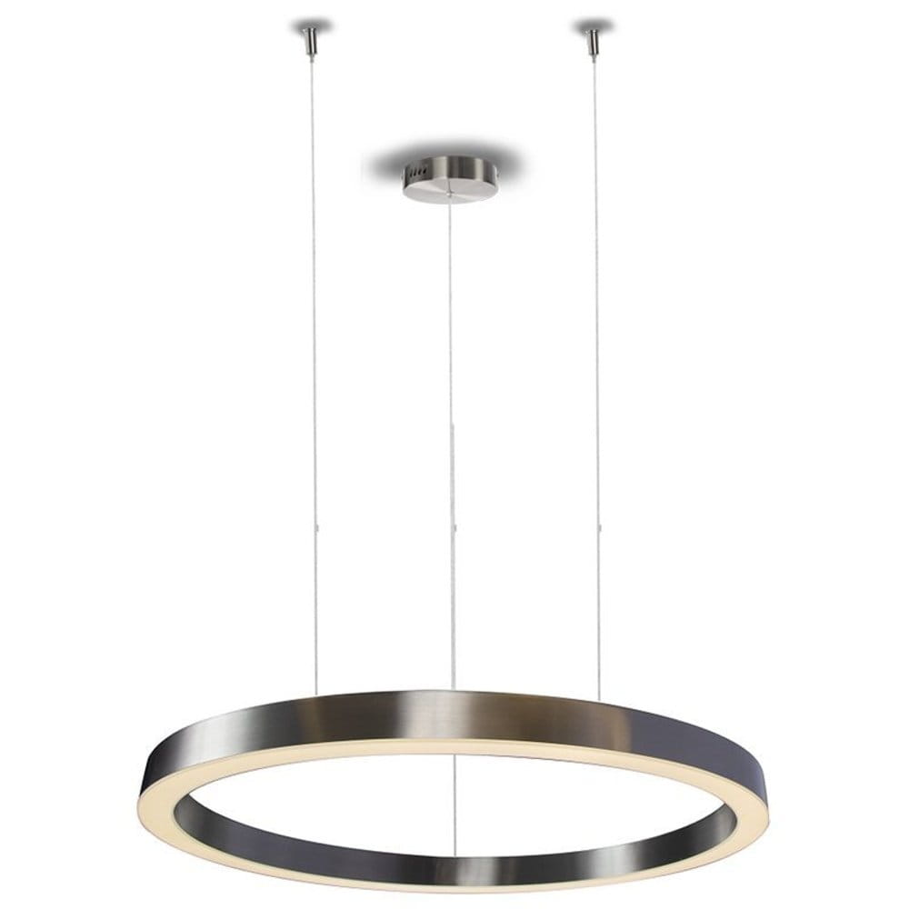 Lampa wisząca Circle D80 w kolorze niklowym, z pilotem. Okrągły kształt z metalicznym wykończeniem, zawieszona na dwóch cienkich linkach. Wbudowane diody LED o mocy 40W emitują ciepłe światło. Idealna do nowoczesnych wnętrz.