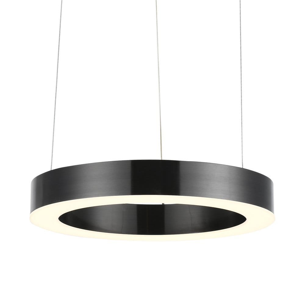 Lampa wisząca Circle D40 w kolorze czarnym, o okrągłym kształcie, z tytanowym wykończeniem. Zawiera 2 źródła LED o mocy 21W, zintegrowane oświetlenie wokół krawędzi. Zawieszona na cienkich linkach, w eleganckim, nowoczesnym stylu.