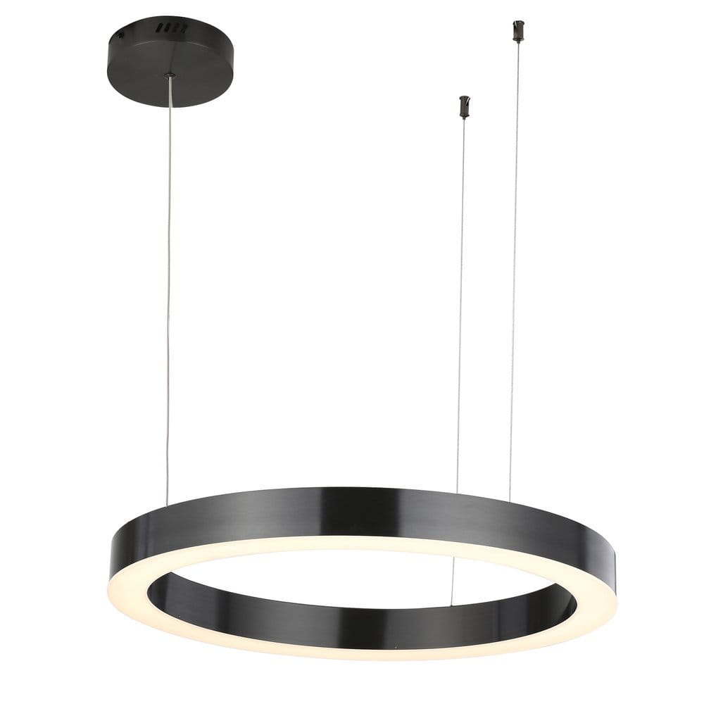 Lampa wisząca Circle D60 w kolorze czarnym, o okrągłym kształcie, z białym podświetleniem LED. Zawieszona na cienkich linkach, z możliwością regulacji wysokości. W zestawie pilot do zdalnego sterowania.