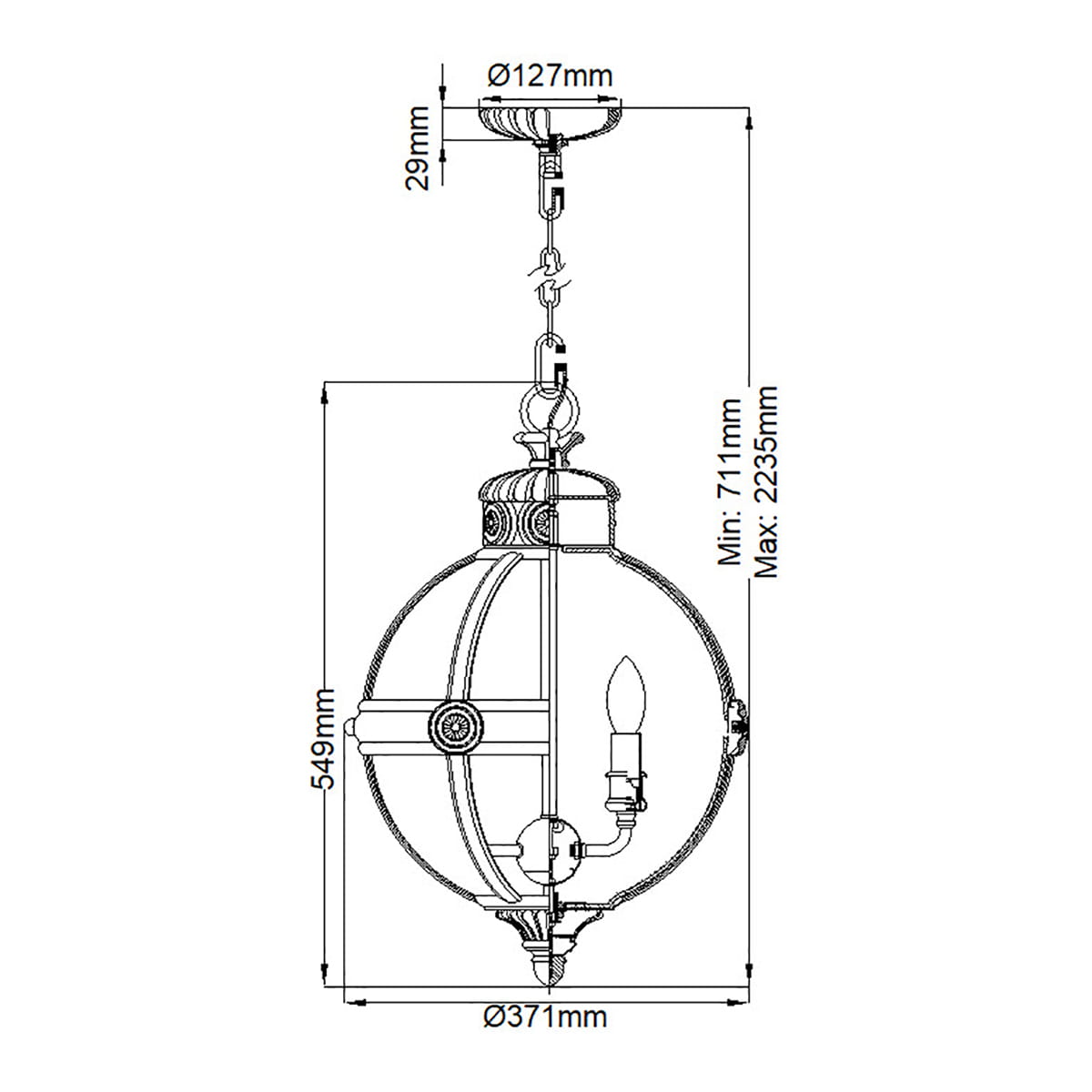 Lampa wisząca Adams 3xE14 w kolorze antycznego brązu. Okrągła, o średnicy 371 mm i wysokości 549 mm, z dekoracyjnymi detalami. Umożliwia regulację wysokości od 711 mm do 2235 mm. W zestawie miejsce na trzy żarówki.