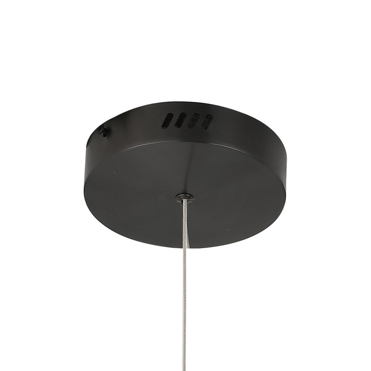 Lampa wisząca Circle 60+80 w kolorze czarnym, z tytanowym wykończeniem. Okrągła podstawa z metalowym zawieszeniem, widoczne otwory wentylacyjne. Zdalne sterowanie, dwie diody LED o łącznej mocy 72W.