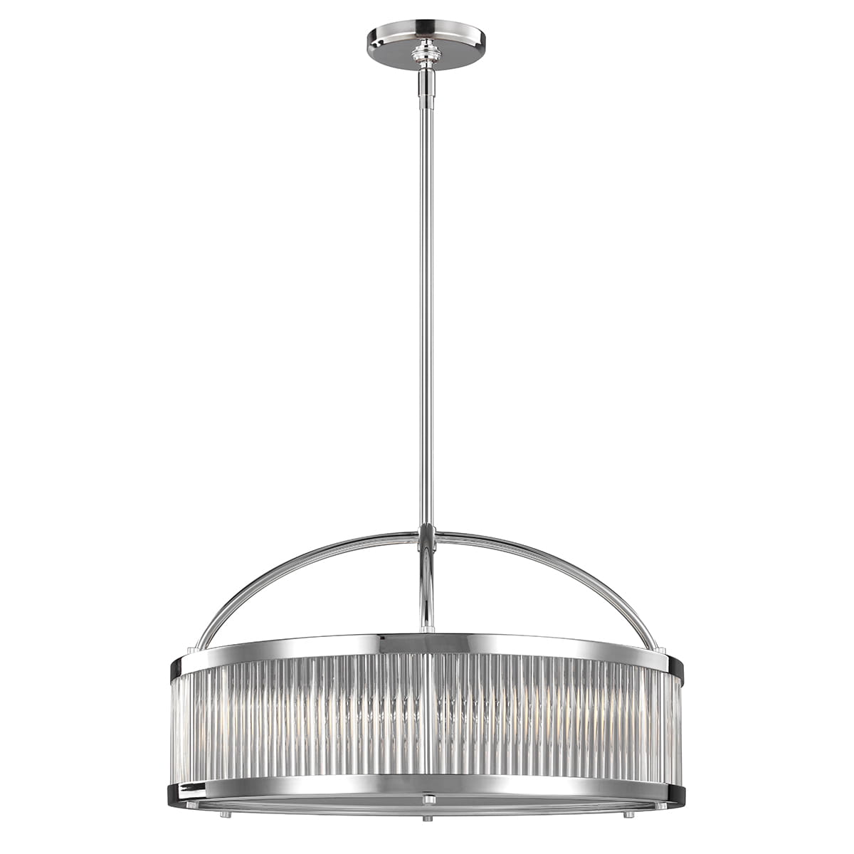 Lampa wisząca Paulson IP44 z chromowanym wykończeniem, z sześcioma miejscami na żarówki G9. Okrągła, transparentna klosz z pionowymi żłobieniami, zawieszona na długim, metalowym drążku. Proste, eleganckie wzornictwo, idealna do nowoczesnych wnętrz.