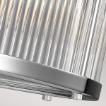 Lampa wisząca Paulson IP44 z chromowanym wykończeniem, z sześcioma gniazdami G9. Cylindryczny klosz z poziomymi, szklanymi rowkami, z metalową podstawą. Widok z góry, podkreślający detale i strukturę materiału.