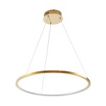 Lampa wisząca Circle Slim D60 w kolorze złotym, z dużym okrągłym kloszem z białym wykończeniem. Zawieszona na cienkich, przezroczystych linkach. Kąt ujęcia frontalny, ukazujący elegancki design i minimalistyczny charakter lampy.