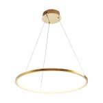 Lampa wisząca Circle Slim D60 w złotym kolorze z okrągłym kształtem. Posiada jedną diodę LED o mocy 19W. Wisi na cienkich żyłkach, z zamontowanym okrągłym mocowaniem sufitowym. Tło białe.