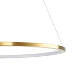 Lampa wisząca Circle Slim D60 w złotym kolorze, o okrągłym kształcie. Wykonana z metalu i tworzywa, z białym kloszem LED. Ujęcie z boku, pokazujące detal obrzeża. Długość zawieszenia regulowana.