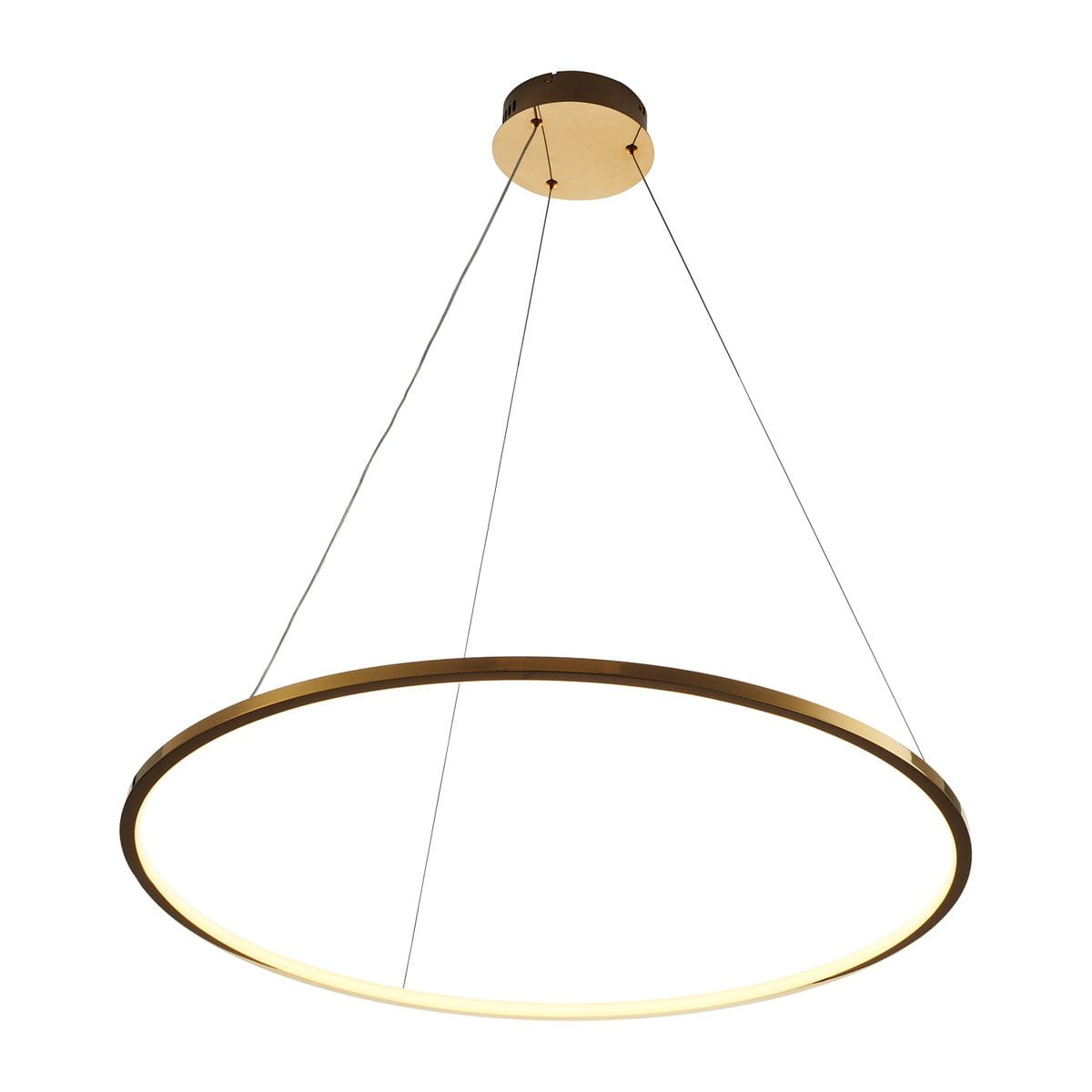 Lampa wisząca Circle Slim D80 w złotym kolorze, o okrągłym kształcie. Zawieszona na dwóch cienkich przewodach, z oprawą LED o mocy 19W i ciepłym świetle. Widoczna górna część montażowa. Tło białe, co podkreśla elegancki design lampy.