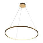 Lampa wisząca Circle Slim D80 w złotym kolorze, o okrągłym kształcie. Zawieszona na dwóch cienkich przewodach, z oprawą LED o mocy 19W i ciepłym świetle. Widoczna górna część montażowa. Tło białe, co podkreśla elegancki design lampy.