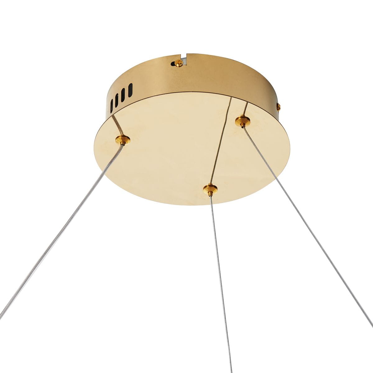 Złota lampa wisząca Circle Slim D80 z jednym źródłem światła LED o mocy 19W. Okrągła, metalowa podsufitka z czterema mocowaniami, zawieszona na cienkich, przezroczystych linkach. Prosty, nowoczesny design.