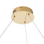 Złota lampa wisząca Circle Slim D80 z jednym źródłem światła LED o mocy 19W. Okrągła, metalowa podsufitka z czterema mocowaniami, zawieszona na cienkich, przezroczystych linkach. Prosty, nowoczesny design.