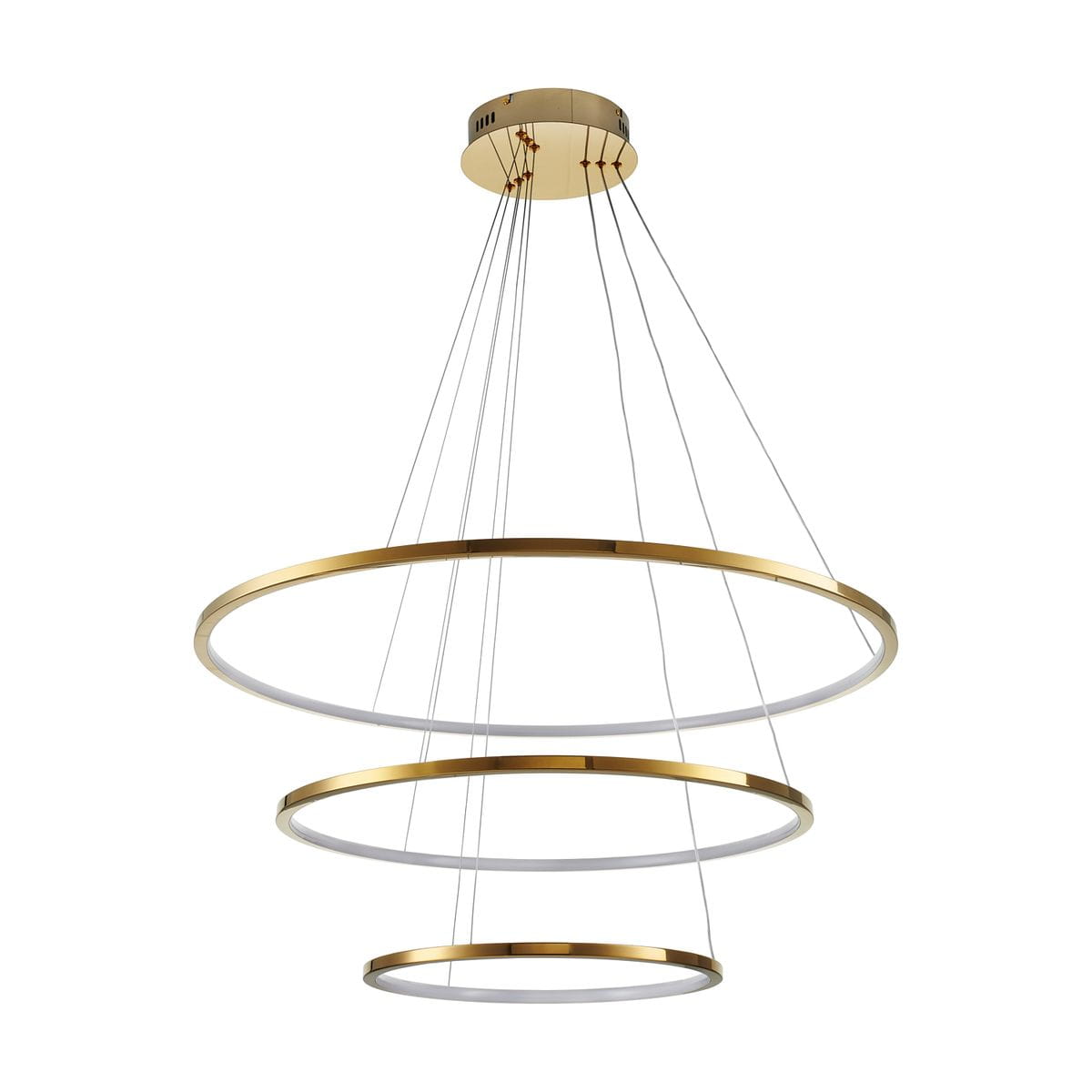 Lampa wisząca Circle Slim 40+60+80 cm z jednym źródłem LED 53W. Złote, okrągłe pierścienie w trzech rozmiarach zawieszone na cienkich linkach. Prosta, nowoczesna konstrukcja na białym tle, idealna do aranżacji wnętrz.