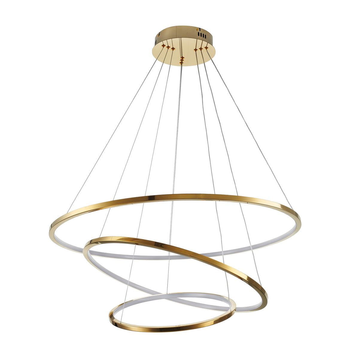 Lampa wisząca Circle Slim 40+60+80 z jednym źródłem LED 53W, złota, o trzech spiralnych obręczach w różnych rozmiarach. Ujęcie z dołu, pokazujące detale konstrukcji i zawieszenia na cienkich żyłkach. Tło białe, co podkreśla elegancję lampy.