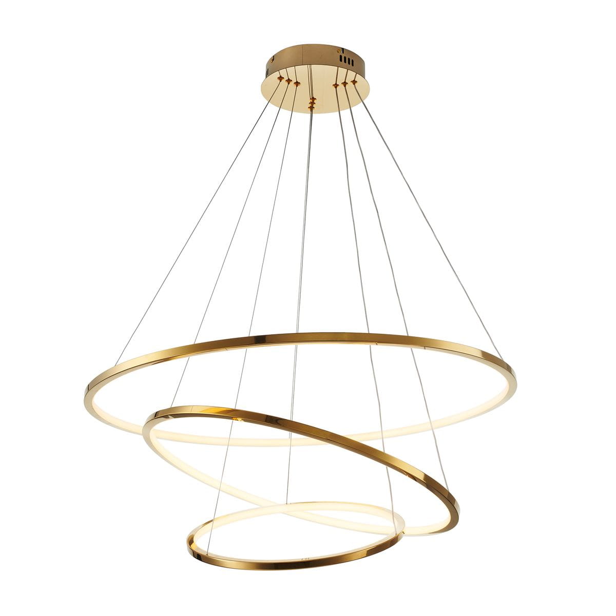 Lampa wisząca Circle Slim w kolorze złotym, składająca się z trzech okręgów o średnicach 40, 60 i 80 cm. Zawieszona na cienkich linkach, posiada jedną żarówkę LED o mocy 53W, emitującą ciepłe światło.