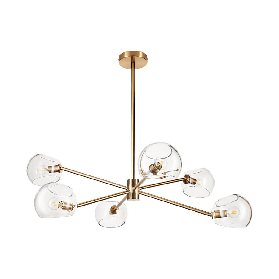 Lampa wisząca Cosmic w kolorze złotym, z sześcioma oprawami na żarówki E14. Szklane klosze w kształcie kul, zawieszone na metalowych ramionach, rozmieszczonych promieniście. Zawieszona na cienkim łańcuchu, idealna do nowoczesnych wnętrz.
