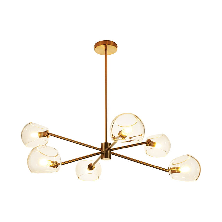 Lampa wisząca Cosmic 6xE14 w kolorze złotym, z metalowym stelażem i pięcioma szklanymi kloszami w kształcie półkuli. Ujęcie z góry, produkt zawieszony na długim przewodzie, z widocznymi źródłami światła wewnątrz kloszy.