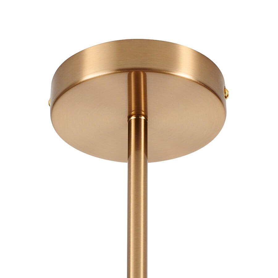 Złota lampa wisząca Cosmic z sześcioma gniazdami E14. Metalowa, matowa podsufitka z centralnym montażem, na prostym, pionowym stelażu. Idealna do nowoczesnych wnętrz, o eleganckim i minimalistycznym designie.