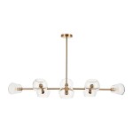 Lampa wisząca Cosmic w kolorze złotym, z ośmioma gniazdami E14, z przezroczystymi kloszami w kształcie kul. Ujęcie frontalne, produkt zamontowany na suficie, z centralnym wspornikiem oraz czterema kloszami umieszczonymi po bokach.