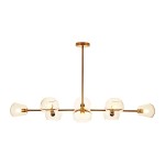 Wisząca lampa Cosmic z ośmioma gniazdami E14, w kolorze złotym, z przezroczystymi kloszami w kształcie kul. Produkt umieszczony w centralnej pozycji, z metalową konstrukcją i minimalistycznym designem.