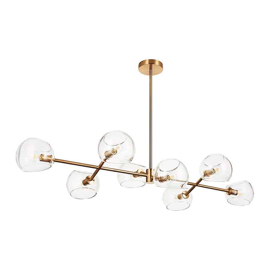 Lampa wisząca Cosmic 8xE14 w kolorze złotym z przezroczystymi kloszami. Ułożona w nowoczesny sposób na metalowych ramionach, zawieszona na cienkim przewodzie. Klosze mają okrągły kształt, a całość ma elegancki, minimalistyczny design.