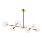 Lampa wisząca Cosmic 8xE14 w kolorze złotym z przezroczystymi kloszami. Ułożona w nowoczesny sposób na metalowych ramionach, zawieszona na cienkim przewodzie. Klosze mają okrągły kształt, a całość ma elegancki, minimalistyczny design.