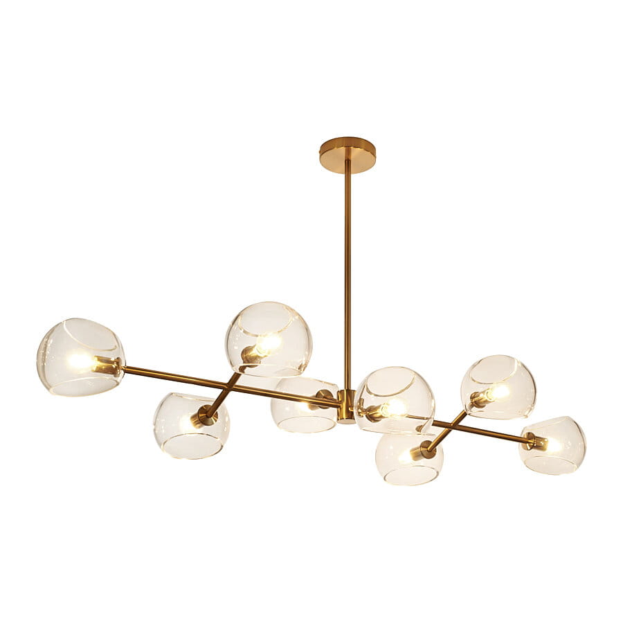 Lampa wisząca Cosmic z ośmioma kloszami E14 w złotym wykończeniu. Konstrukcja z metalowych rur z przezroczystymi szklanymi kulami, rozmieszczonymi asymetrycznie. Montaż sufitowy, nowoczesny design, idealna do eleganckich wnętrz.