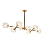 Lampa wisząca Cosmic z ośmioma kloszami E14 w złotym wykończeniu. Konstrukcja z metalowych rur z przezroczystymi szklanymi kulami, rozmieszczonymi asymetrycznie. Montaż sufitowy, nowoczesny design, idealna do eleganckich wnętrz.