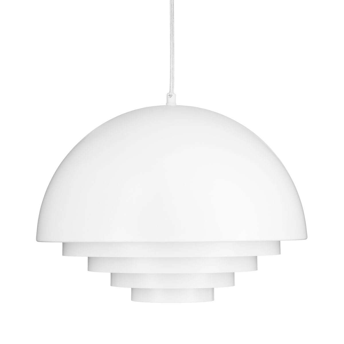 Lampa wisząca Diverso w kolorze białym, z kloszem w kształcie półkuli z warstwami, zawieszona na cienkim przewodzie. Wykonana z matowego materiału, przeznaczona do żarówki E27. Idealna do nowoczesnych wnętrz.