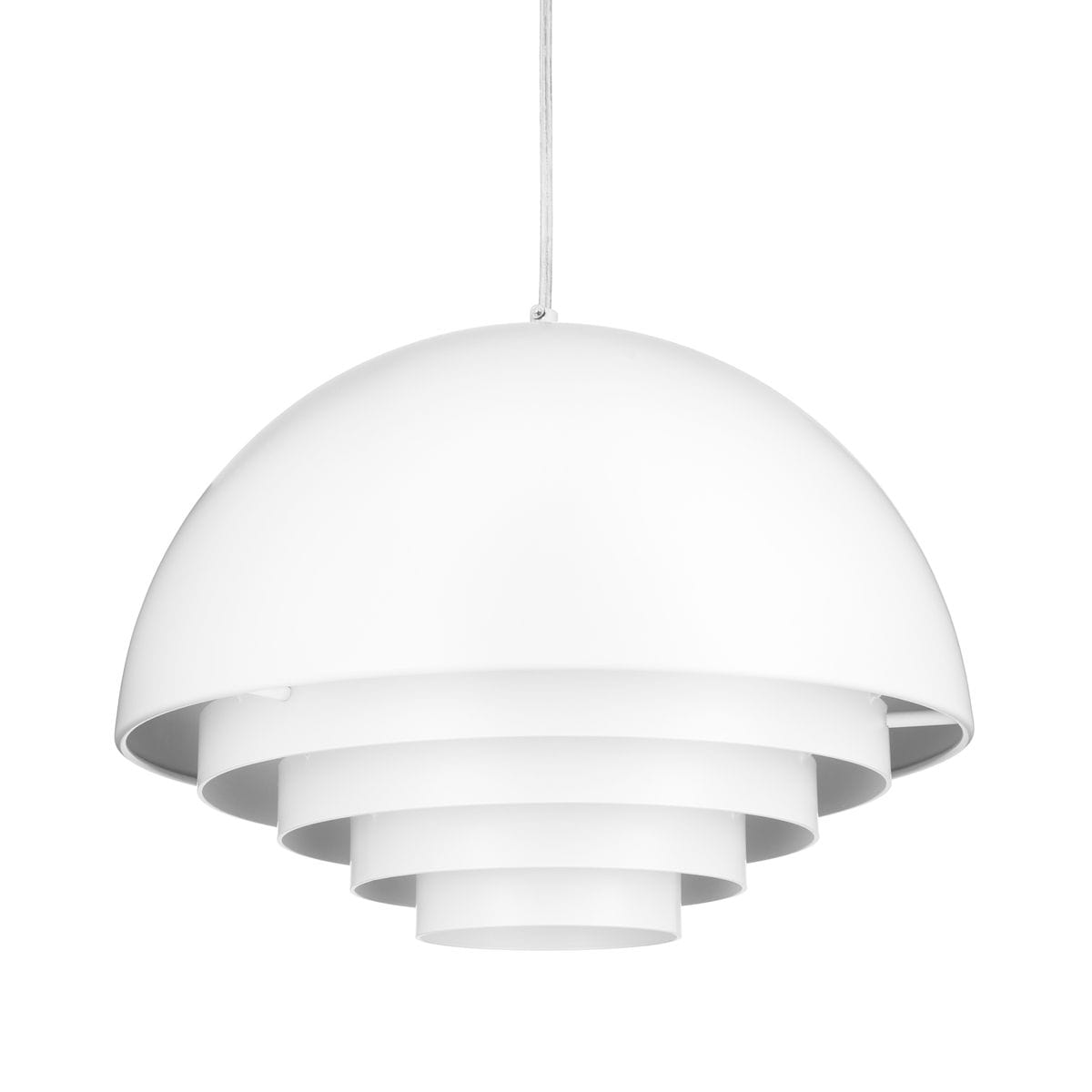 Lampa wisząca Diverso w kolorze białym, z pięcioma warstwami o kształcie półkuli. Zawieszona na cienkim przewodzie, z miejscem na żarówkę E27. Prosta, nowoczesna forma idealna do różnych aranżacji wnętrz.