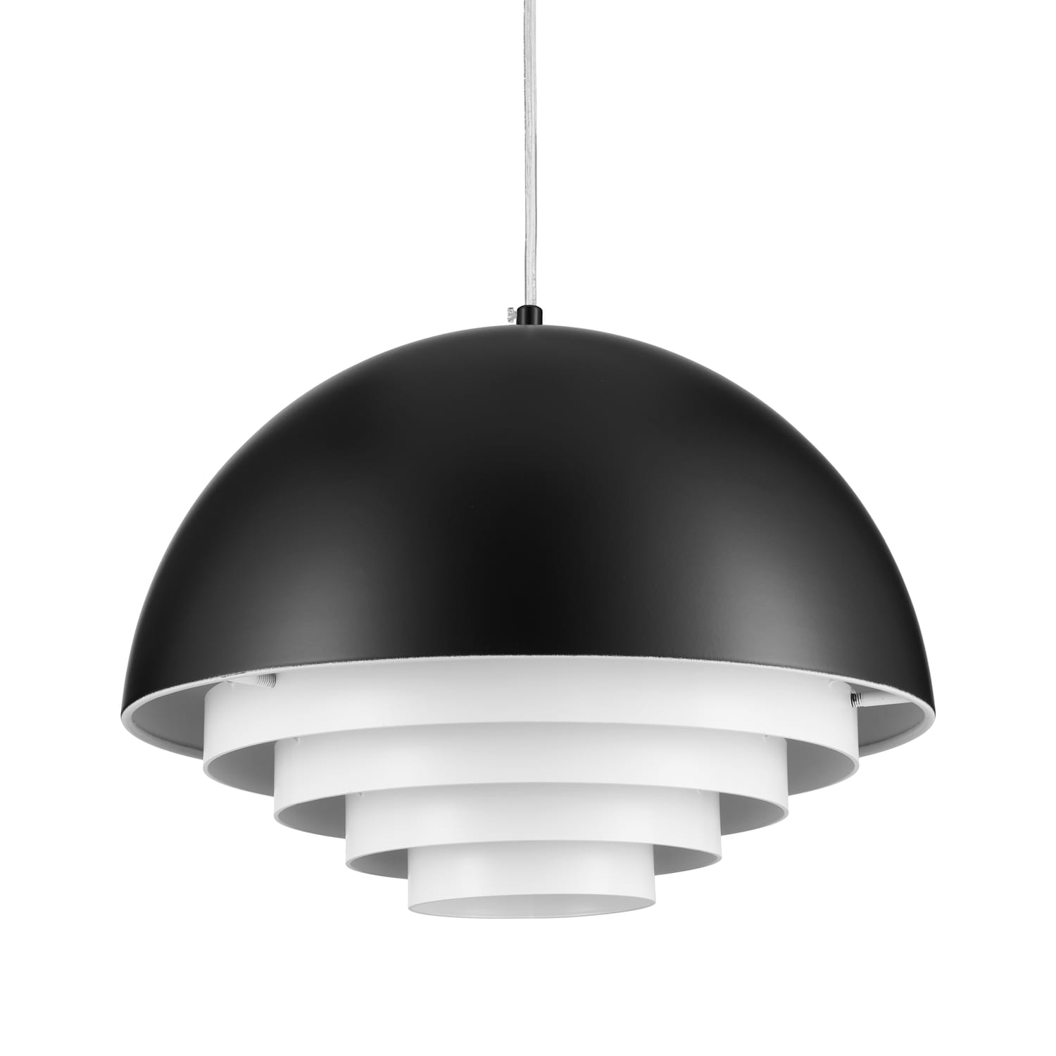 Lampa wisząca Diverso w kolorze czarnym matowym z białym wnętrzem, o okrągłym kształcie. Wyposażona w jedną oprawę E27, z widocznymi warstwami wewnętrznymi w formie talerzy. Zawieszona na cienkim przewodzie, w stylu nowoczesnym.
