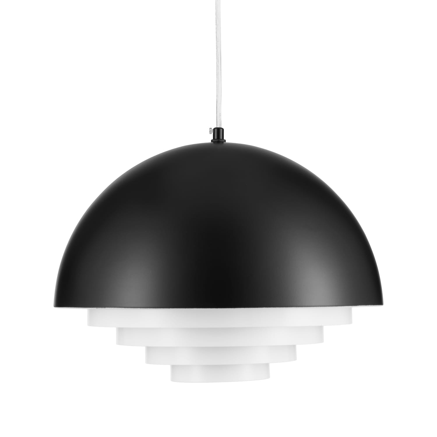 Lampa wisząca Diverso czarna, z matowym wykończeniem, o okrągłym kształcie z białymi, warstwowymi elementami na dole. Zawieszona na białym przewodzie, z oprawką E27. Ujęcie frontalne, pokazujące detale konstrukcji.