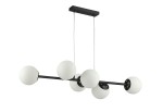 Czarna lampa wisząca Bali z sześcioma źródłami światła E27. Posiada prostą, metalową konstrukcję z białymi, okrągłymi kloszami. Produkt zawieszony na cienkich linkach, z płaskim stropem. Idealna do nowoczesnych wnętrz.