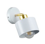 Kinkiet Elza 1xE27 w kolorze białym i złotym, z okrągłą podstawą. Lampa ma cylindryczny klosz z białego metalu oraz złoty element mocujący. Widoczna żarówka z przezroczystym kloszem, montowana na ścianie, skierowana lekko w dół.