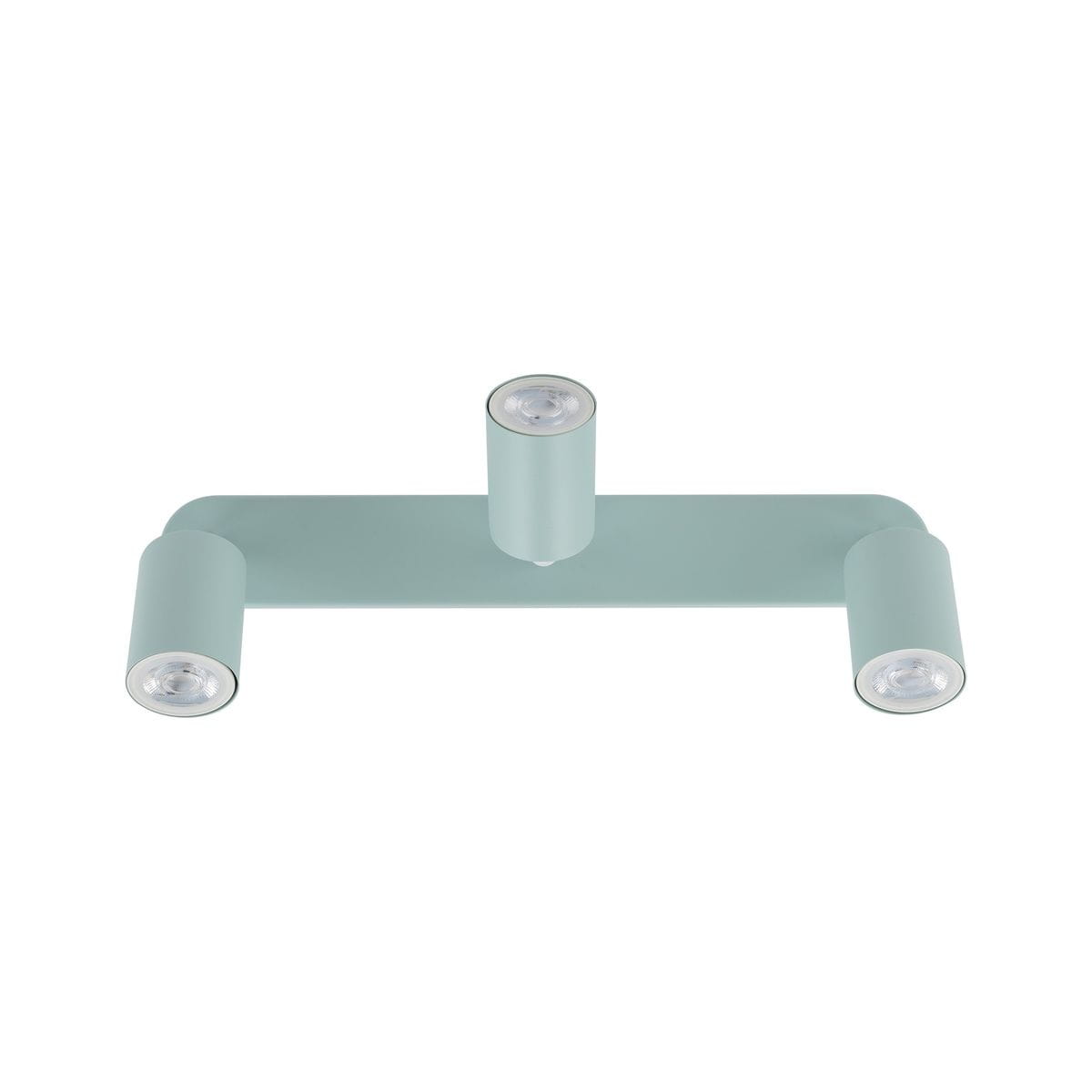 Livia lampa sufitowa w kolorze miętowym, z trzema reflektorami GU10. Ułożona poziomo, z zaokrąglonymi końcami, metalowa konstrukcja z matową fakturą. Reflektory skierowane w różne strony, zapewniające wszechstronne oświetlenie.
