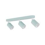 Miętowa lampa sufitowa Livia z trzema reflektorami GU10, zamontowana na prostokątnej podstawie. Reflektory mają cylindryczny kształt i białe detale, umieszczone w równych odstępach, skierowane w różnych kierunkach.