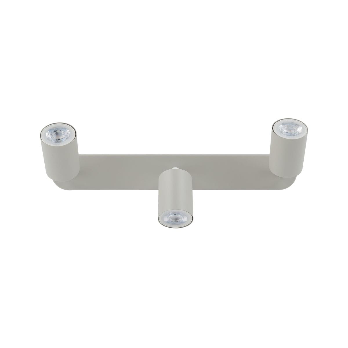 Beżowa lampa sufitowa Livia z trzema oprawami na żarówki GU10. Ułożona poziomo, z cylindrycznymi kloszami skierowanymi na zewnątrz. Prosty, nowoczesny design, metalowa konstrukcja. Idealna do oświetlenia wnętrz.