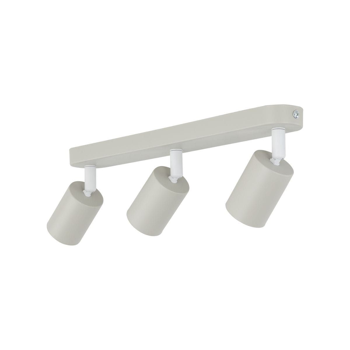 Beżowa lampa sufitowa Livia z trzema spotami GU10. Ułożona poziomo, z cylindrycznymi kloszami zamocowanymi na prostokątnej podstawie. Klasyczny design, idealna do nowoczesnych wnętrz.