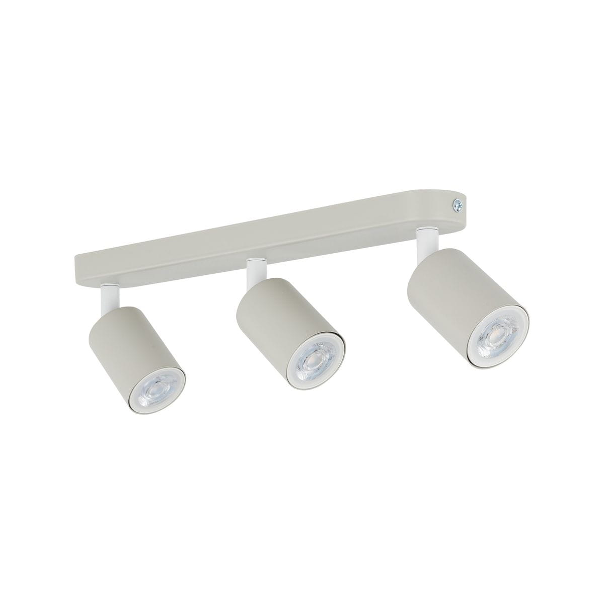 Beżowa lampa sufitowa Livia z trzema reflektorami GU10, zamontowana na płaskim, prostokątnym uchwycie. Reflektory mają cylindryczny kształt, są skierowane w różnych kierunkach, co umożliwia regulację oświetlenia.